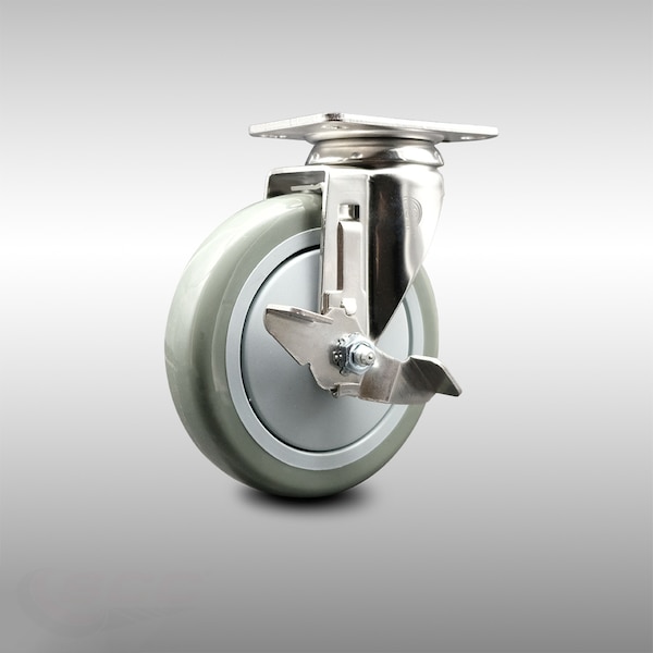 5 Inch 316SS Gray Polyurethane Wheel Swivel Top Plate Caster with Brake SCC